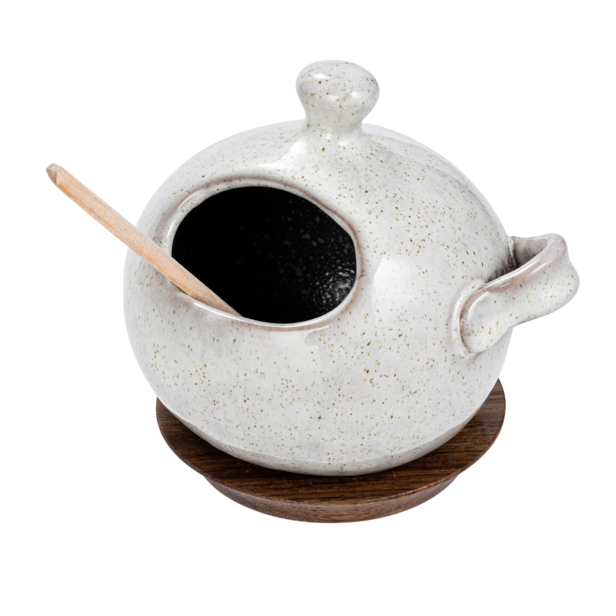 Hello Honey® 5.5" Cream Stoneware Salt Jar with Wood Spoon & Coaster